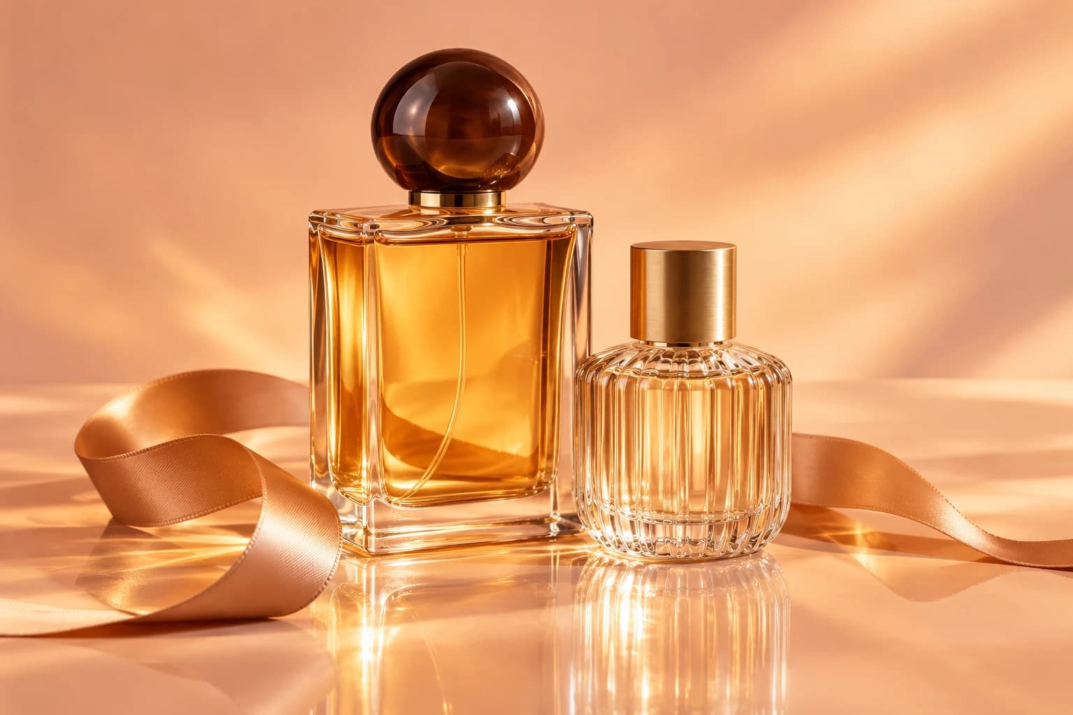 Amber perfume in glass bottles with a golden satin ribbon