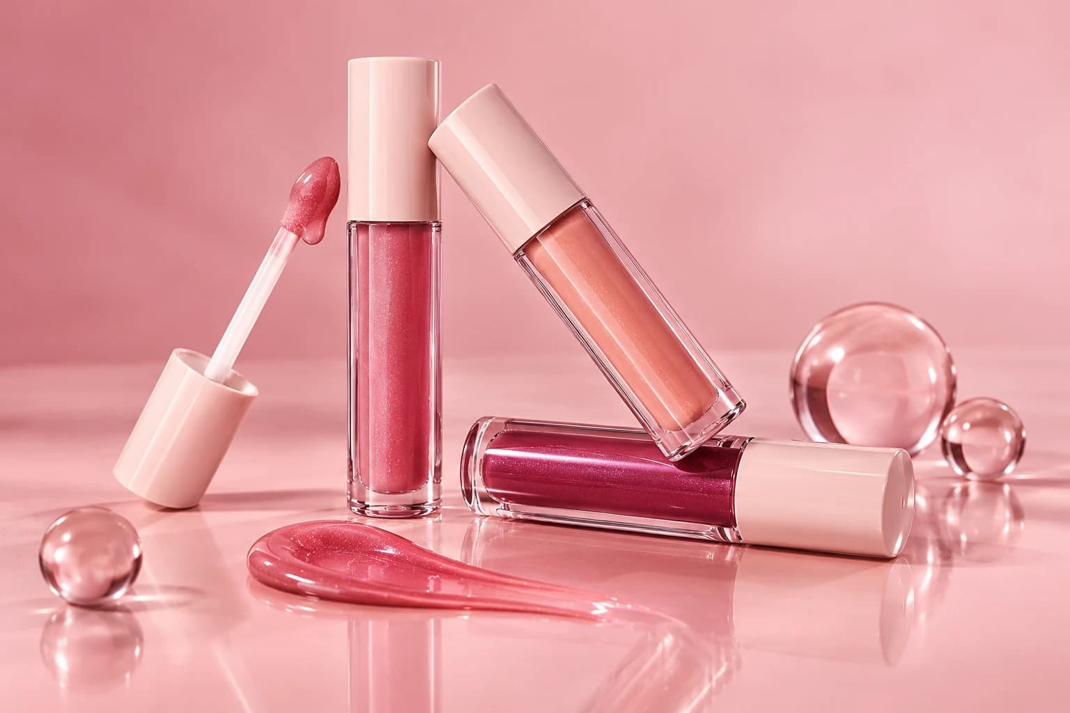 Rose, nude and berry lip glosses on a glossy pink surface