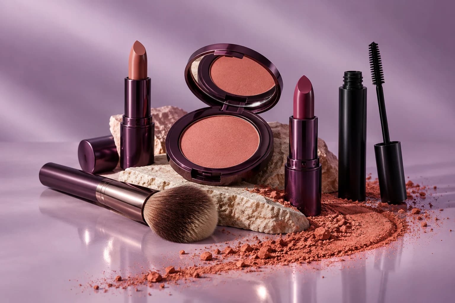 Rose blush, berry lipsticks, mascara and a brush on a lilac backdrop