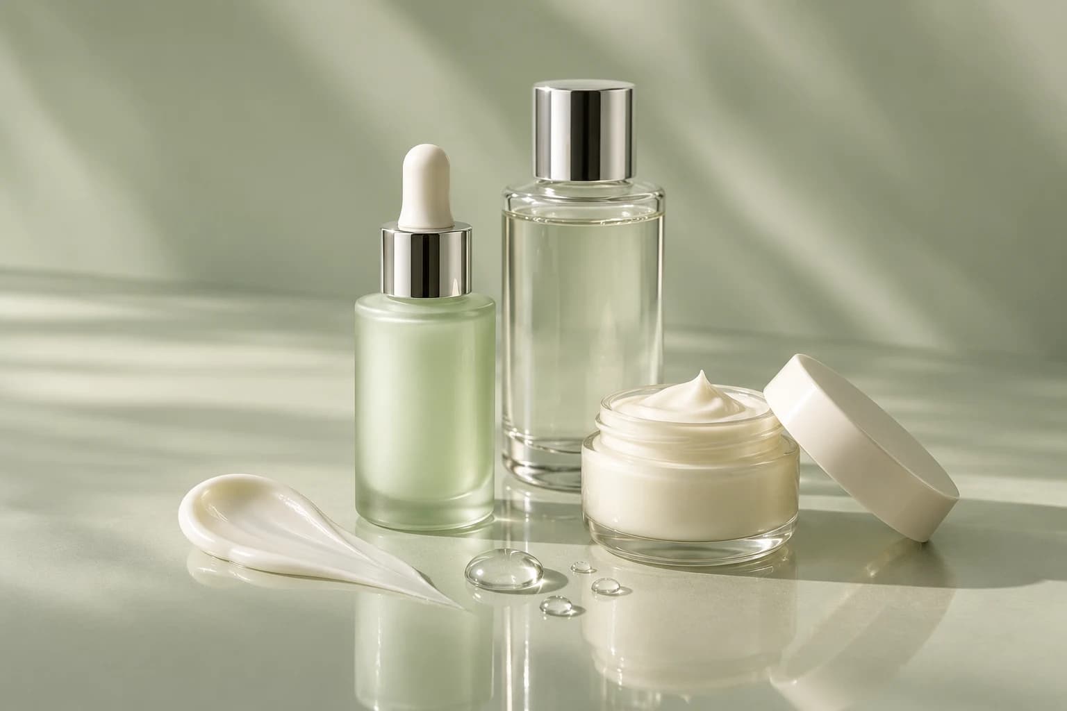 Serum bottles and a cream jar in a soft sage studio setting
